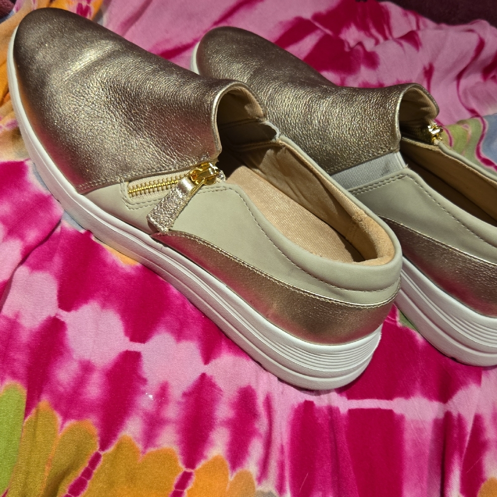 Rockport Gold Slip-On Platform Sneakers with Side Zip Accent